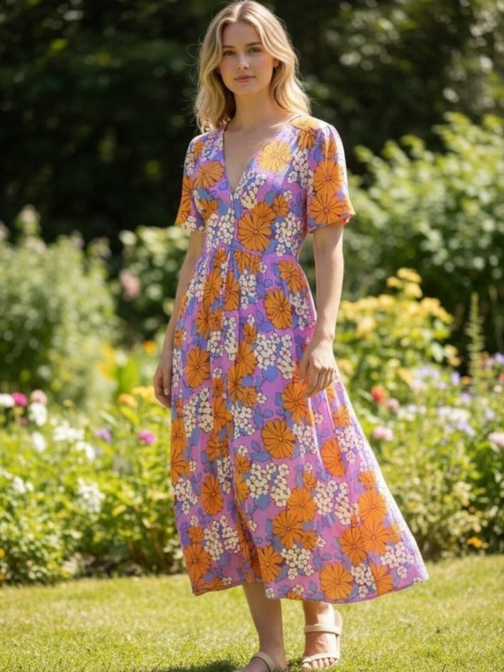 Mister Zimi Blossom Midi Dress Daiquiri Floral Short Sleeve Women's US 6